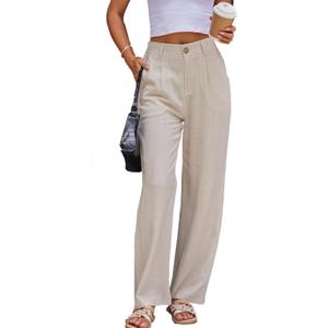Fakanhui Women's Linen Dressy Work Casual Pants Summer Business Straight Wide Leg Cotton Linen Trouser Pants, M