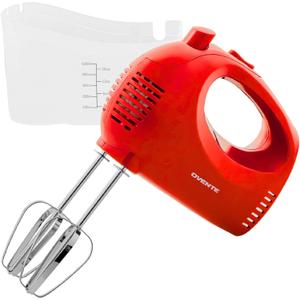 OVENTE 5-Speed Electric Hand Mixer with Stainless Steel Mixing Whisk, Snap-On Storage Case, Portable & Lightweight 150W Motor, Compact Handheld Mixer for Baking, Blending or Cooking, Red HM151R