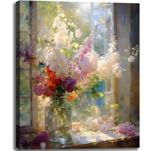 Colorful Flower Framed Canvas Wall Art, Watercolor Floral Bathroom Wall Decor, Spring Nature Wall Painting, Multicolor Botanical Art Print for Living Room, Bedroom, Office - 12X15