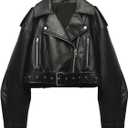 LY VAREY LIN Women Faux Leather Cropped Jacket Lapel Zipper Biker Short Coat with Belt (Small, 2371black)