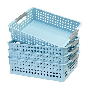 Soddeph 4 Pack Plastic Storage Basket with Handles, Wide Shallow Organizer Bin for Open-Top Desk and Drawer Organizer, Perfect for Snacks, Stationery (Blue)