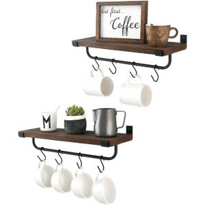 Mkono Mug Holder Wall Mounted Coffee Mug Rack Set of 2 Rustic Floating Shelf for Coffee Bar Accessories Wood Tea Cup Hooks Hanger for Organizing Cooking Utensils, Home Kitchen Decor, Brown