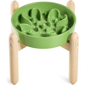 LE TAUCI Ceramic Slow Feeder Dog Bowls Elevated for Small and Medium Breed, Dog Bowls with Wooden Stand, 1.5 Cups Pet Dishes to Slow Down Eating, Anti-Gulping Pet Feeding Dishes, Clover Green