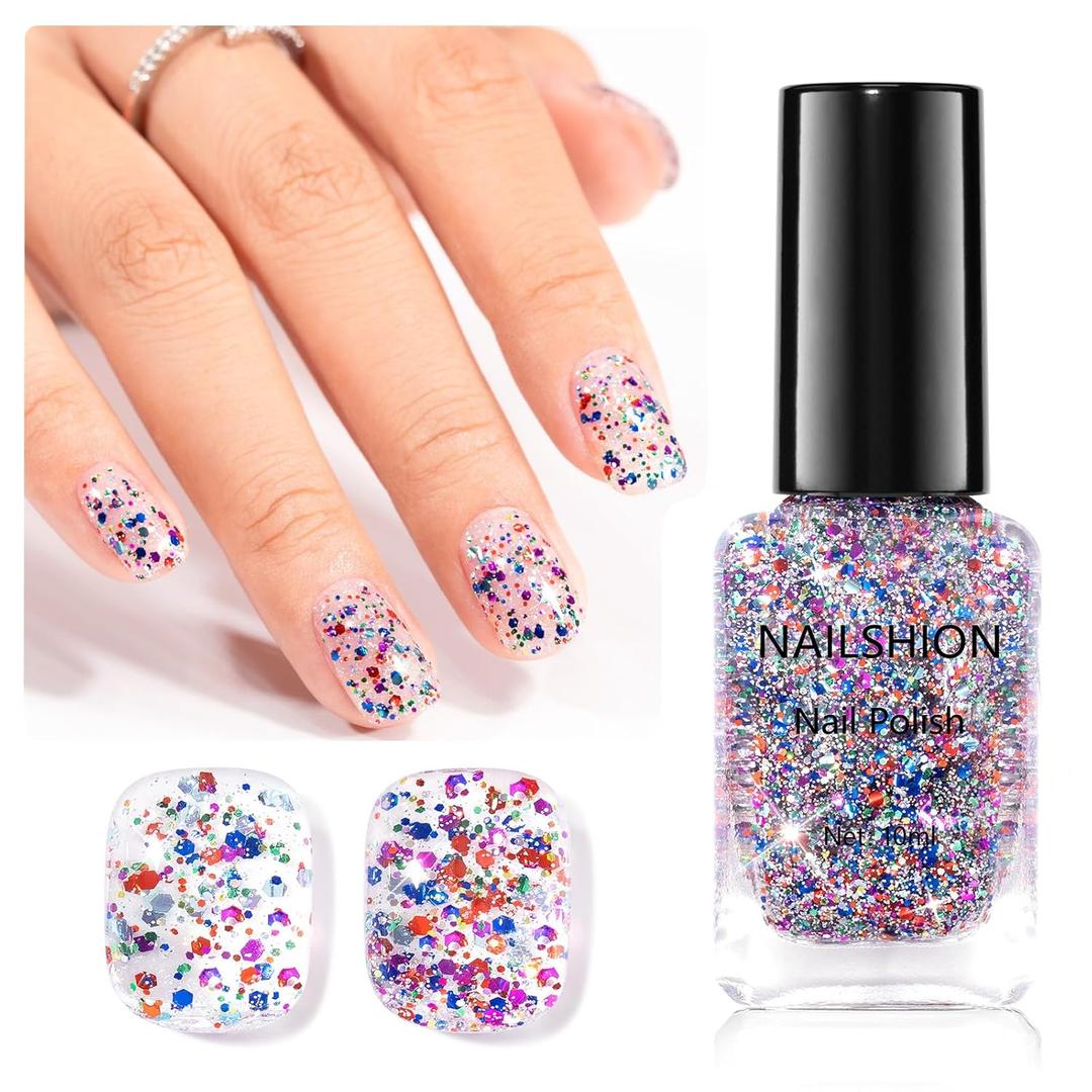 Sparkle Nail Polish, Glitter Purple Blue Red Fast Dry Confetti Nail Polishes, No UV Lamp Needed, Vegan, Long Lasting Gradient Nail Art DIY Home Travel Manicure Gift (Z274-Cosmic Confetti)