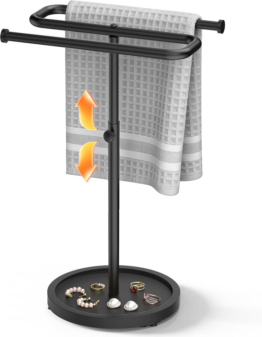 Aetyord Z-Shape Countertop Towel Holder - Height Adjustable for Bathroom/Kitchen/RV | Rustproof Metal & Wood Base Black, 1"L x 1"W x 5"H