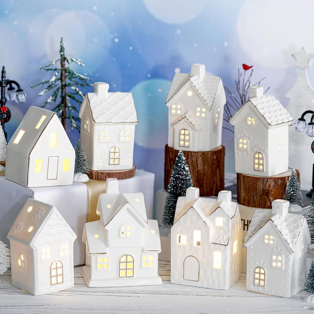 Wesiti 28 Pcs Ceramic LED White Christmas Village Set Include 8 LED White Christmas Village Houses 18 Xmas Trees 2 Lamp Post Scenes Decor Xmas Figurine Decoration Tabletop Mantel Shelf(Elegant)