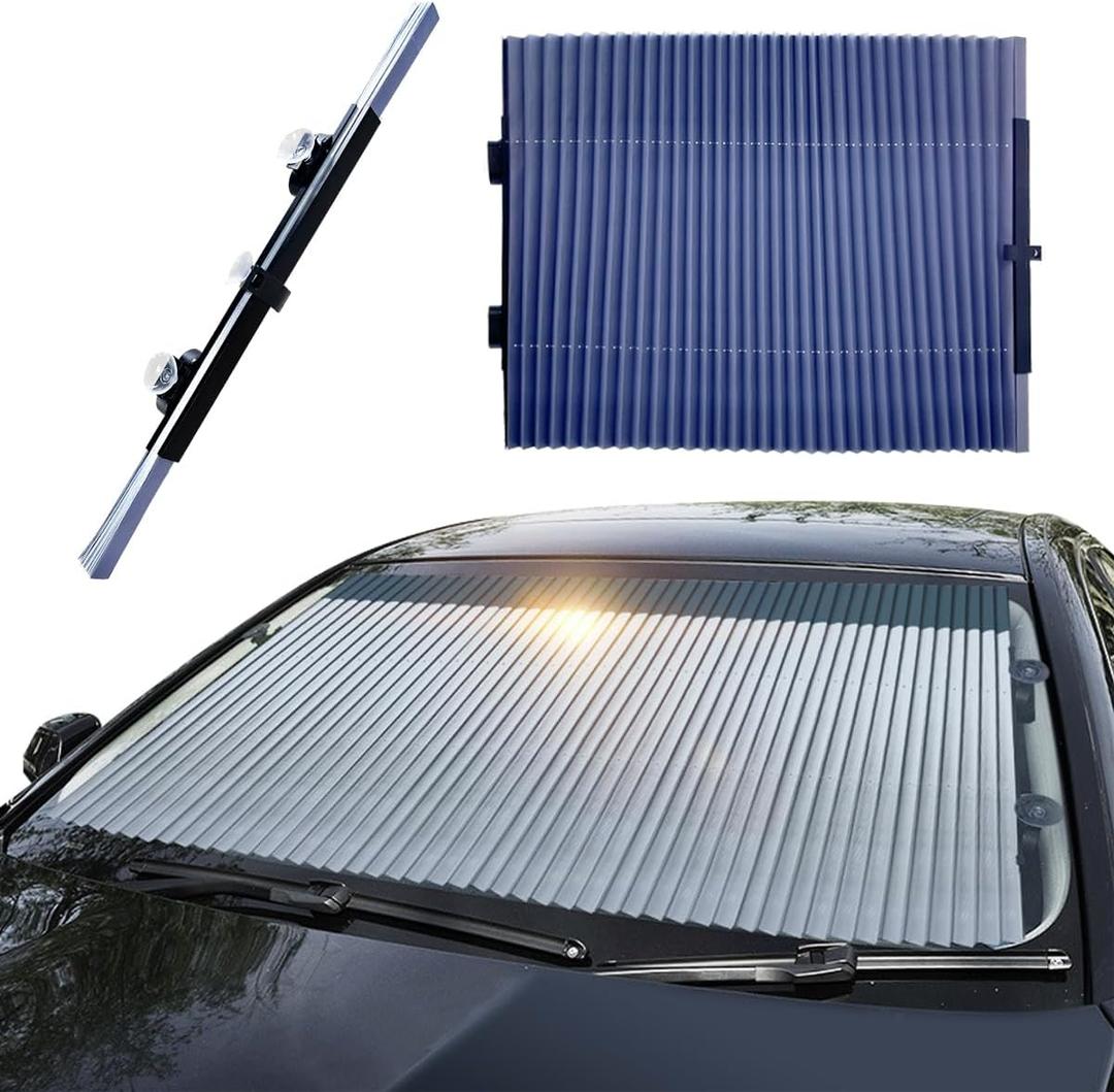 Car Retractable Windshield Sun Shade, 27.6"×60" Large Sunshade Protector Blocks 99% UV Rays, Auto Retractable Front Windshield Sunshade for Trucks, SUVs, Car Accessories