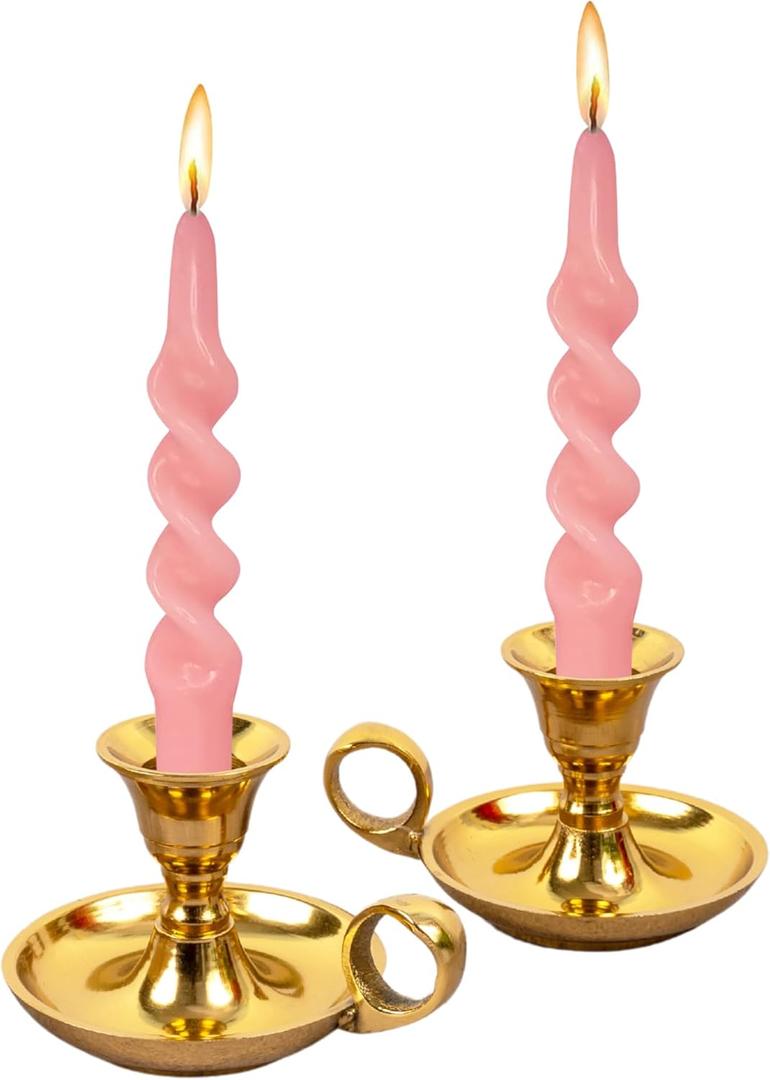 Rely+ Glossy Gold Metal Candle Holders with Handle for Taper Candlestick Set of 2 Modern Decor for Home Table Centerpiece for Wedding, Parties, Dinners, Decorations