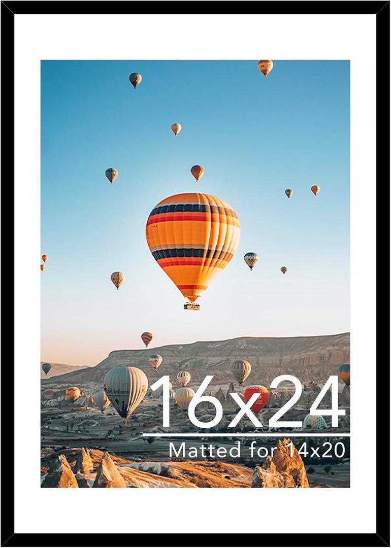 JCJMY 16x24 Picture Frame with Mat for Poster Photo and 40x60 cm Canvas, Display 14x20 with Mat or 16 x 24 without, Wood 16 by 24 Wall Gallery Poster Photo Frame, Black