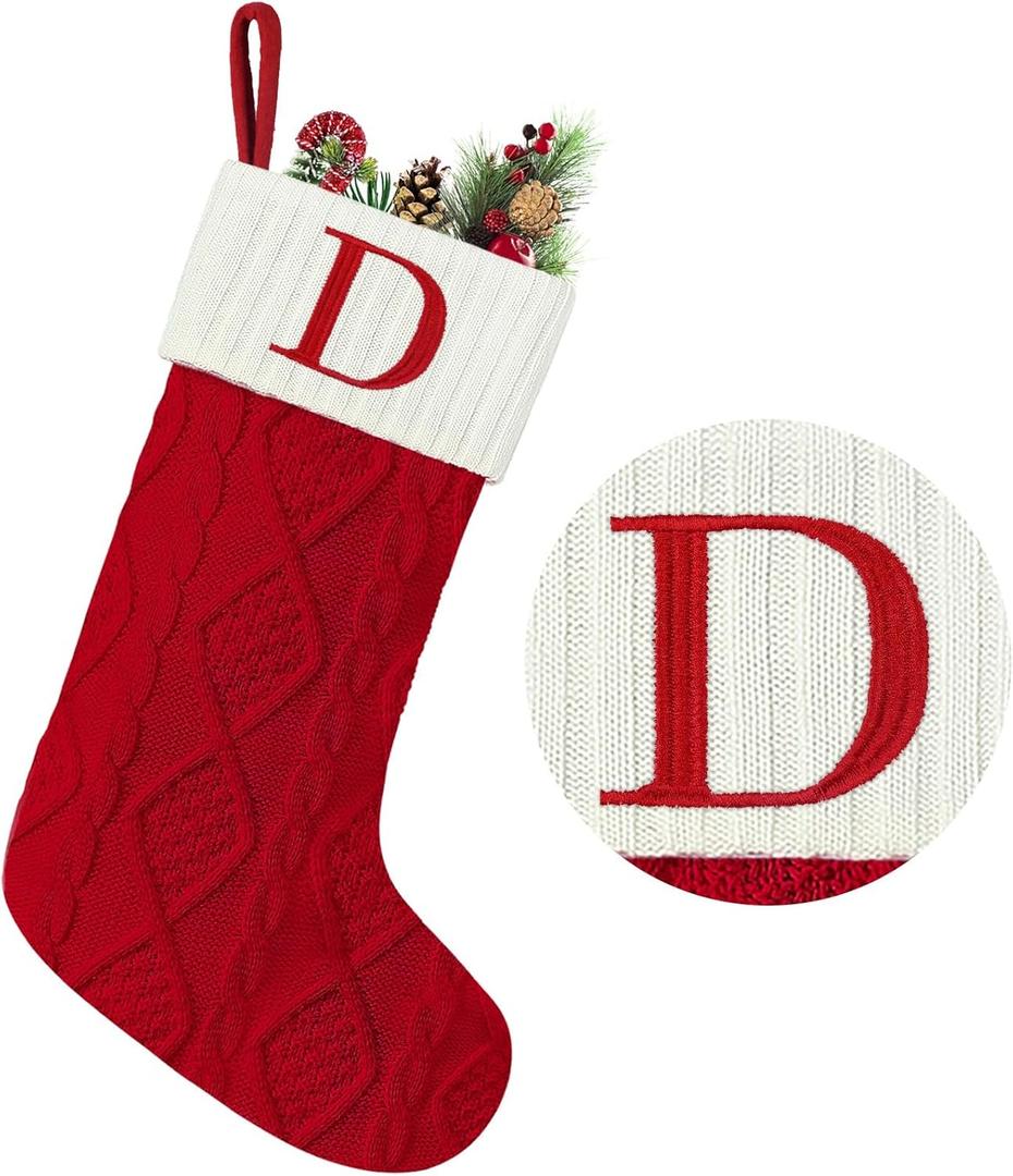 Senneny Christmas Stockings with Initials, 20 Large Embroidered Monogram Knitted Stockings for Family, Kids, Xmas Holiday Party Gifts & Decoration for Fireplace, Letter D