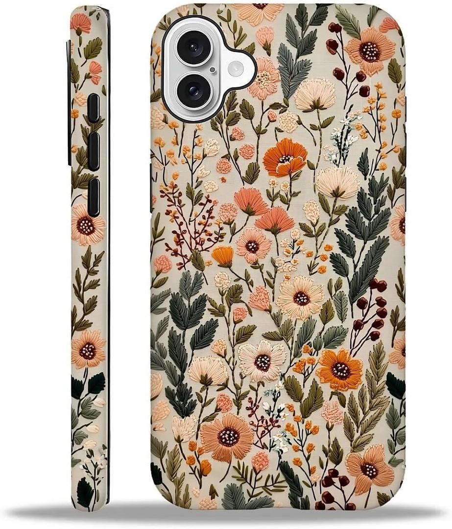 Case for iPhone 16,Shockproof TPU Bumper Drop Protection Hybrid 2-Layer Hard Cover for iPhone 16-Dark Embroidery Flower