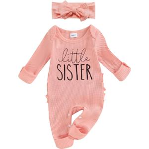 FIOMVA Im New Here Newborn Outfit Girl Long Sleeve Letter Romper Ribbed Knit Jumpsuit Baby Girl Preemie Coming Home Outfit (0-3 Months, Little Sister Pink)