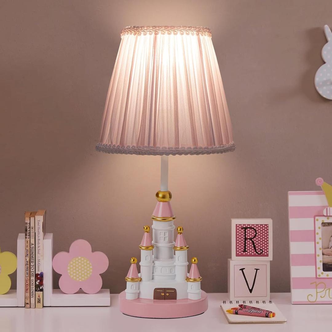 Kids Table Lamp, Adorable 14 Inch Castle Style Kids Desk Lamp, Pink Bedside Lamp Ideal for Girls Bedroom Decor, Includes LED Bulb
