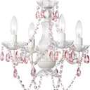 LaLuLa Pink Chandelier White Chandeliers Lighting with Acrylic Crystals Mini 4 Lights Pendant Light for Bedroom and Girls Room