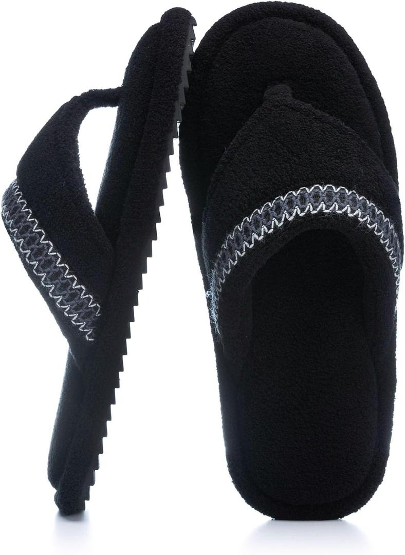 Flip Flops House Slippers for Women Indoor House Shoes with Soft Terry Cloth Ladies Thong Slippers with Non-Slip Sole and Memory Foam (9-10, Black)