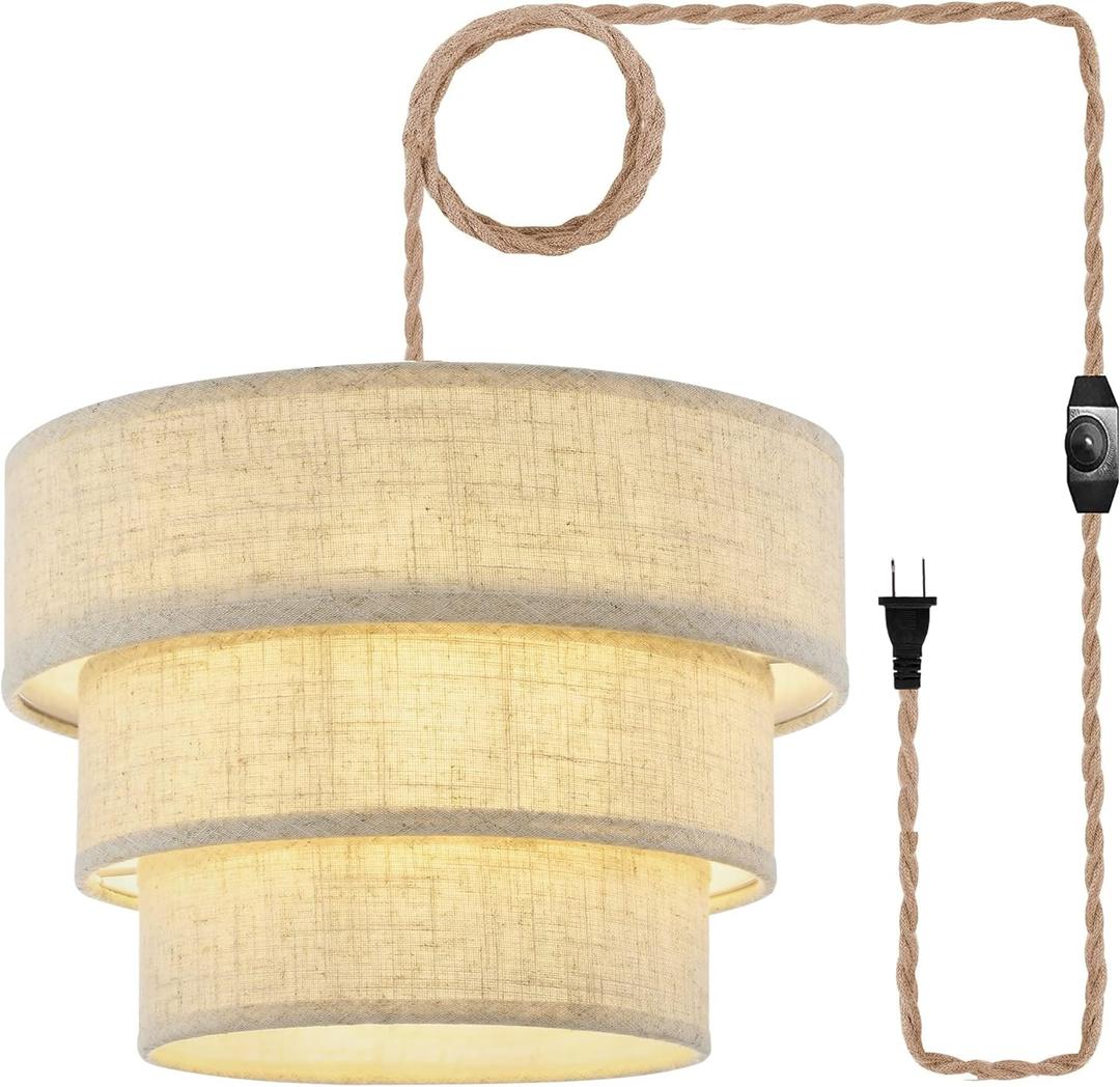 XININSUN 3-Tier Drum Linen Plug in Pendant Light with15ft Hemp Rope Cord E26 Dimmer Switch Hanging Lights Fixture Plug in Chandelier for Kitchen Island Dining Room Entryway Hallway-1Pack (Brown)