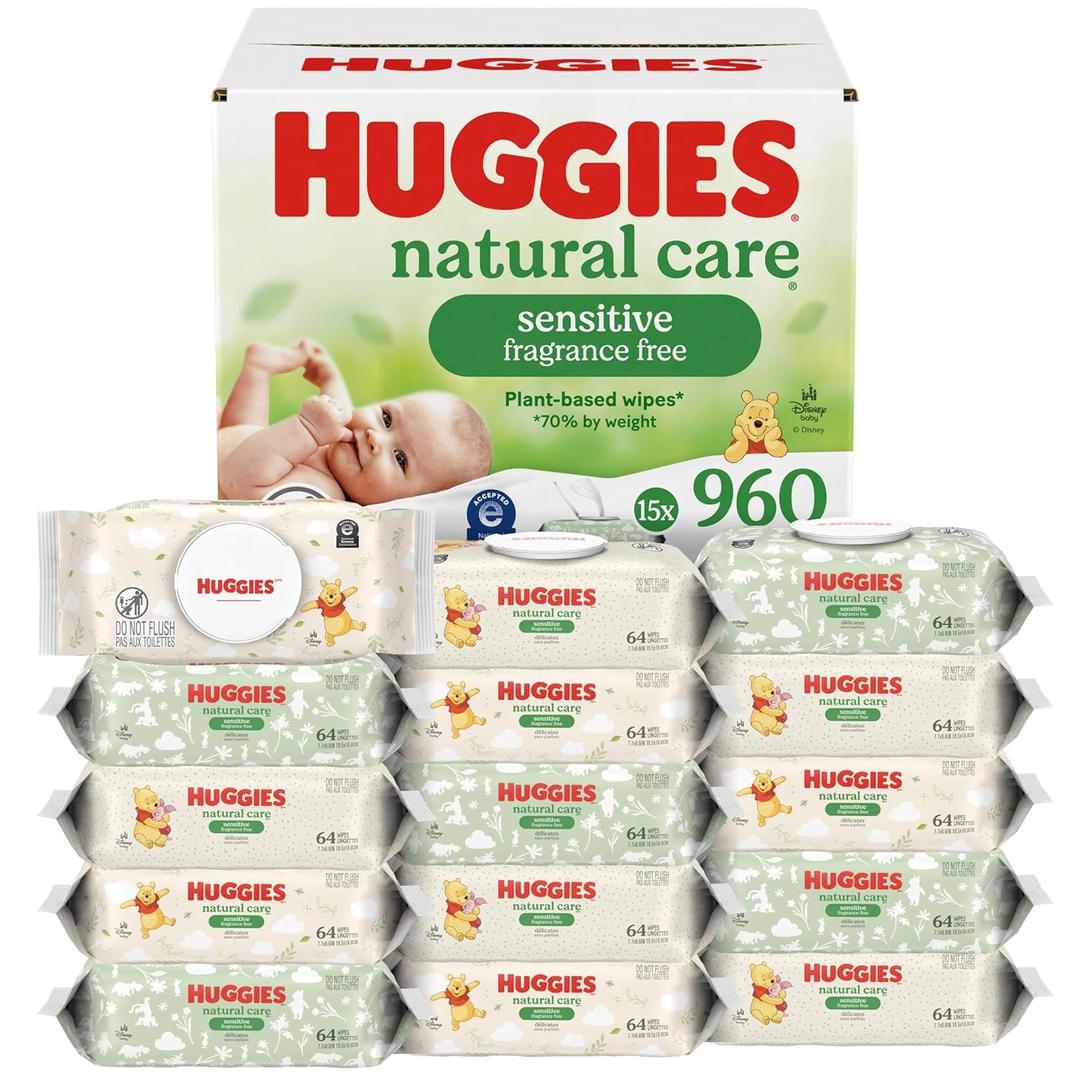 Huggies Natural Care Sensitive Baby Wipes, Unscented, Hypoallergenic, 99% Purified Water, 15 Flip-Top Packs (960 Wipes Total)