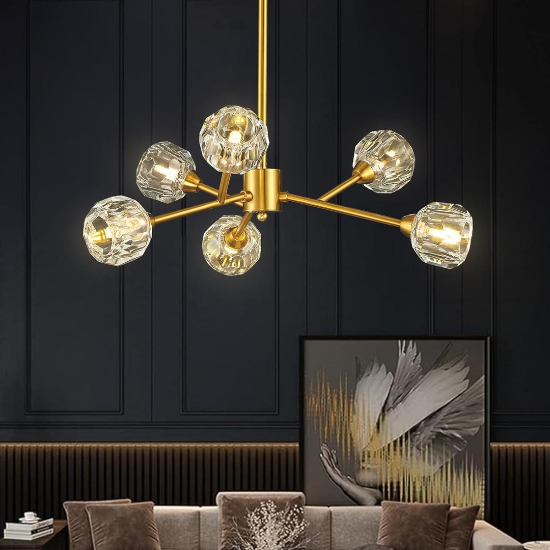 Sputnik Chandeliers for Dining Room Light Fixture Over Table, Modern Crystal Chandeliers, 6 Lights Gold Lighting Fixtures for Living Room Bedroom Kitchen Island (D25" - 6 Lights, Brass)