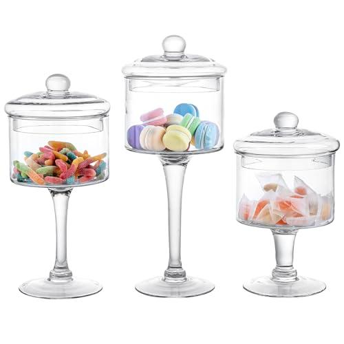 MyGift 3-Piece Clear Glass Apothecary Candy Jar Set with Lids – Decorative Party Display Containers for Wedding Centerpieces, Dessert Tables, Kitchen Counter Storage, and Bathroom Décor