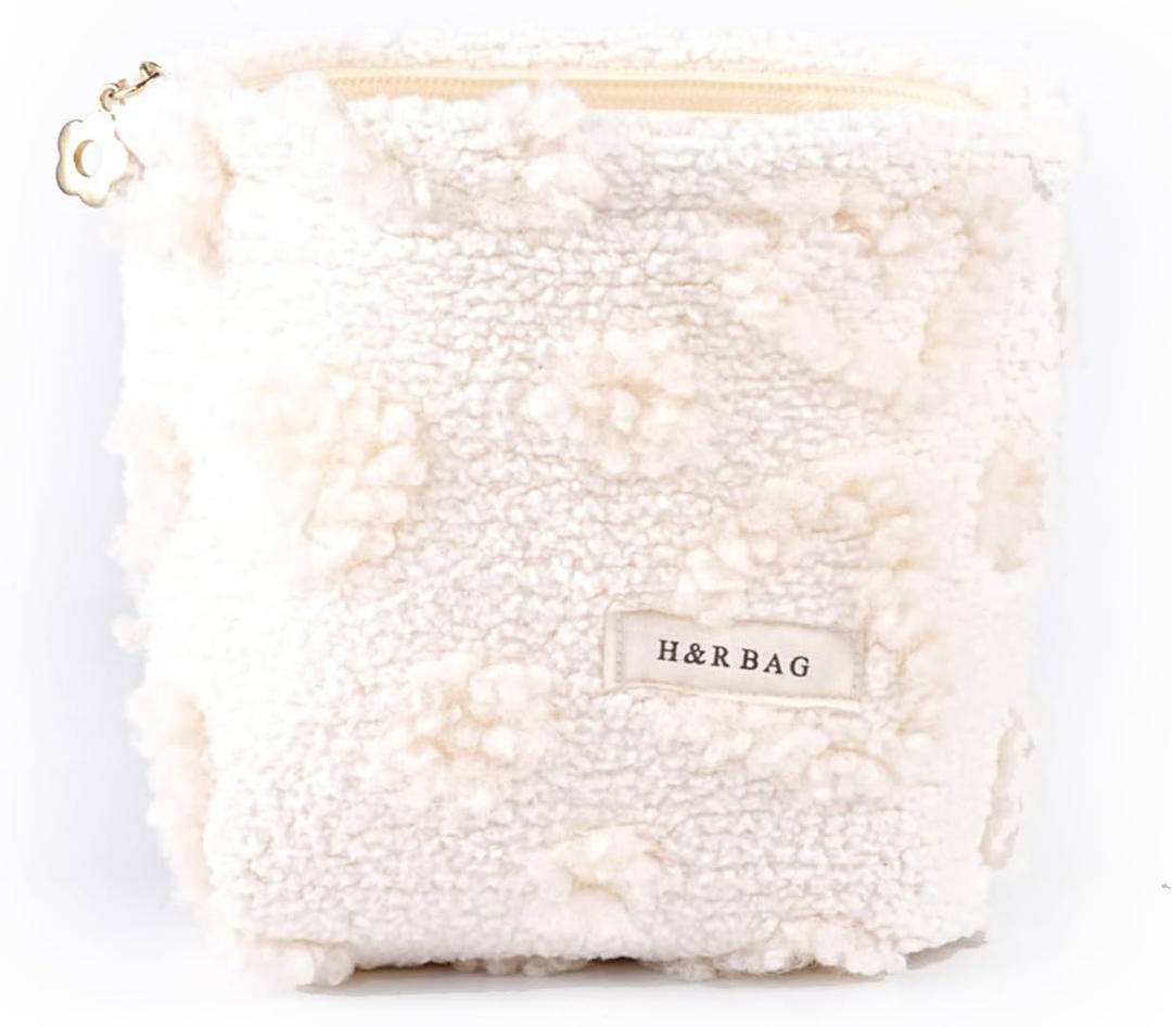 Makeup Bag for Women Fluffy Cosmetic Bag with Zipper Cute Cosmetic Pouch Portable Toiletry Bag Handbag Make Up Travel Purse Organizer Small Size