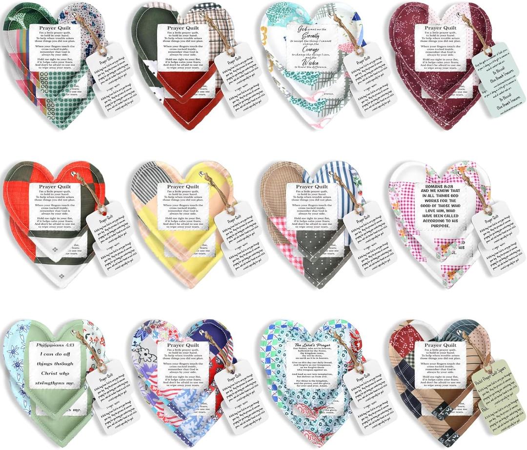 FuWeave 24 Pcs Christian Gift for Mother Faith Pocket Prayer Quilts with Wooden Cross Sympathy Spiritual Encouragement Heart Panel for Patient Religious Bible Church Scripture Recovery (Retro)