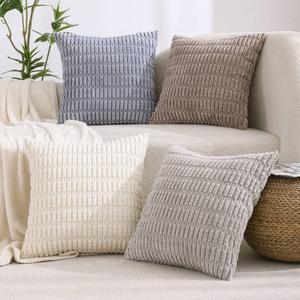 All Smiles Couch Decorative Throw Pillow Covers 18x18 Set of 4 Neutral Winter Farmhouse Rustic Boho Home Decor Soft Plush Striped Corduroy Square Cushion Case for Living Room Bed SOFE