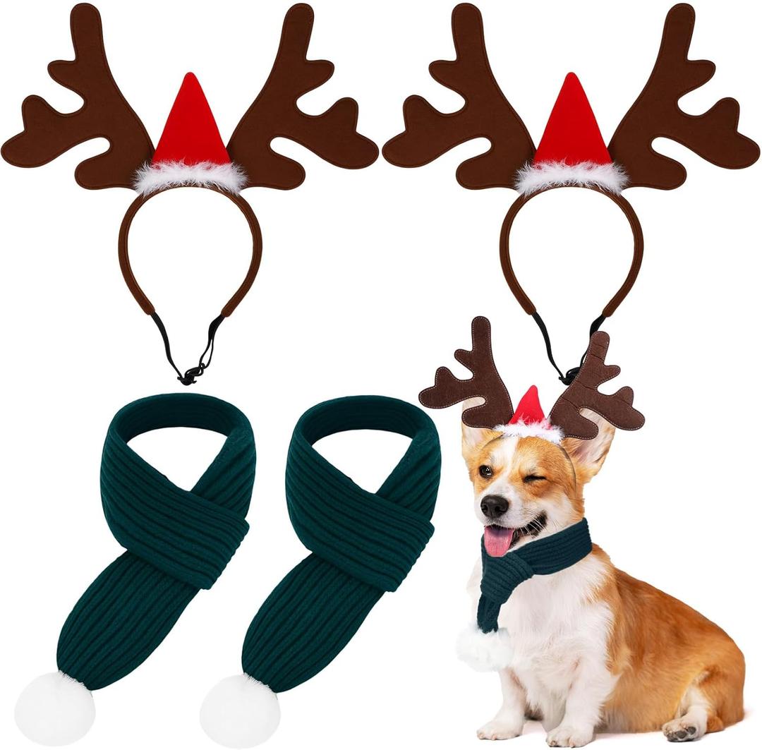 Sadnyy 2 Set Pet Christmas Costumes Dog Knitted Scarf Reindeer Antlers Headband Elk Pet Headdress Neck Puppy Winter Warm Christmas Holiday Decoration Scarf Cat Accessories for Medium Dogs(Red,Green)