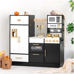 Wooden Play Kitchen Set for Kids – Interactive Pretend Toddler Kitchen Playset with 12 Kitchen Toy Accessories, Perfect for Ages 3+, 36.3" x 11.6" x 35.7"