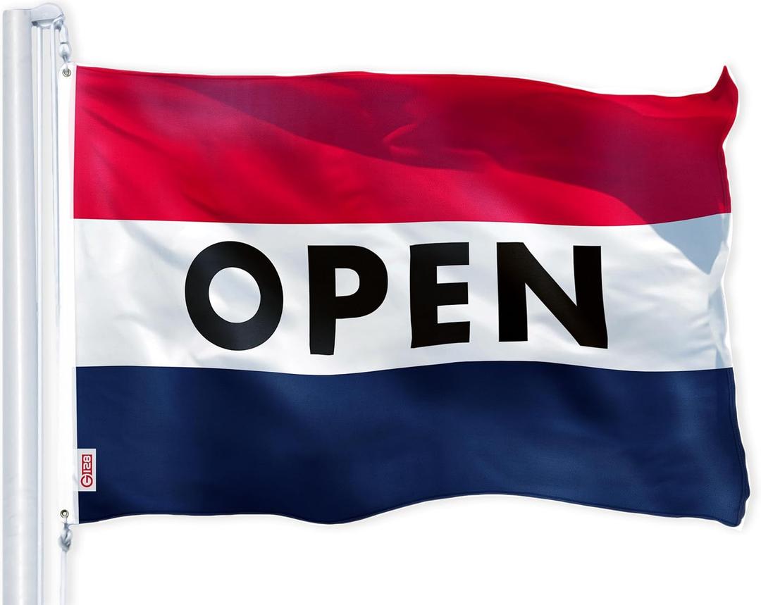 G128 Open Flag | 2x3 Ft | LiteWeave Pro Series Printed 150D Polyester | Commercial Business Flag, Indoor/Outdoor, Vibrant Colors, Brass Grommets, Thicker and More Durable Than 100D 75D Polyester