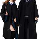 Unisex Wizard Robe Cloak,Magical College Outfit Cape Hooded,Wizard Halloween Costume for Women & Men (Large, Black+blue)