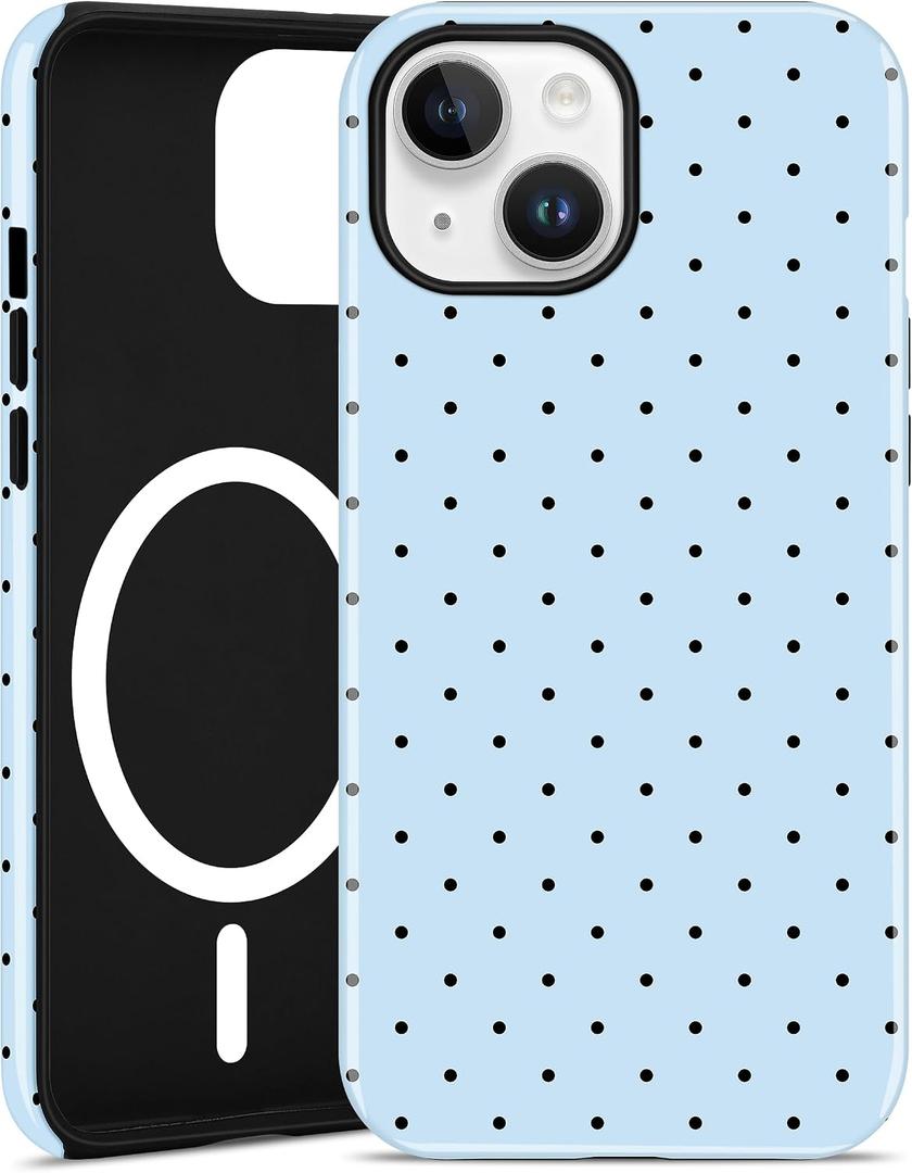 Jusy Compatible with MagSafe Polka Dot Case for iPhone 13/14, Cute Aesthetic Polka Dots Magnetic Phone Case, Soft TPU and Hard PC Protective Phone Cover for Women Girls (Shiny) - Light Blue