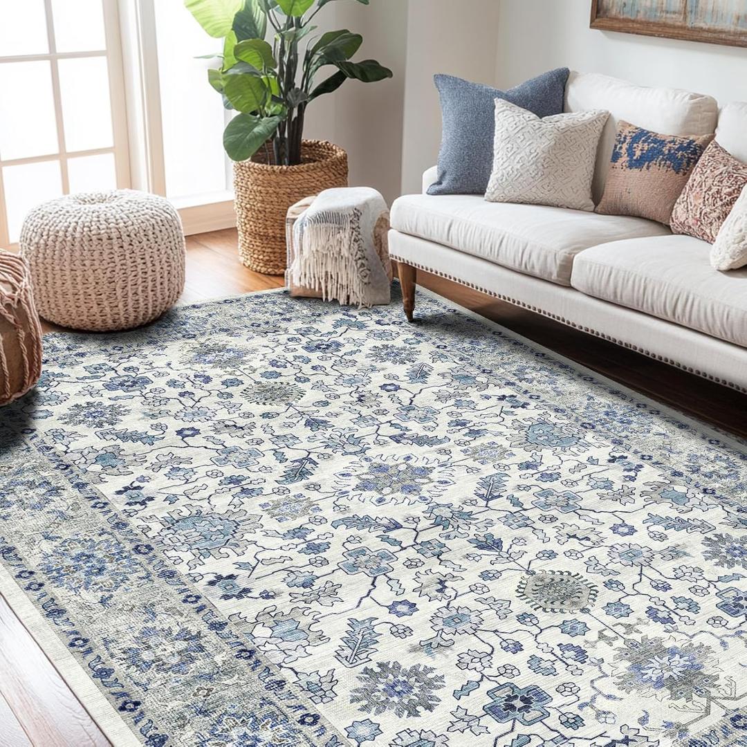 Area Rug for Living Room 3x5, Machine Washable Vintage Oriental Soft Carpet, Low Pile Thin Floor Area Rugs with Non Slip Backing for Office Door Mat Kitchen Bathroom Indoor Dorm Dining Room (Blue)