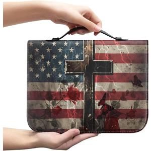 Bible Case With Handle and Zipper, Premium PU Leather Bible Cover 11.2 x 8 x 2.2 Inches, 4th of July Waterproof Book Case for Standard Size Bibles with Pen Storage, Bible Accessories Gifts
