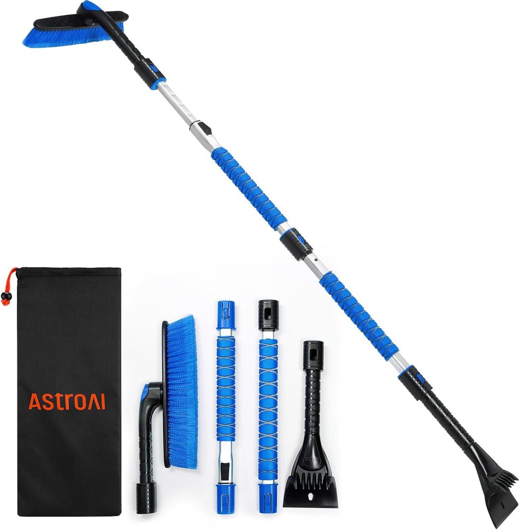AstroAI 62.4" Ice Scrapers for Car Windshield and Extendable Snow Scraper with Foam Grip and 360 Pivoting Brush Head for Christmas Car Auto Truck SUV(Blue) (Large)