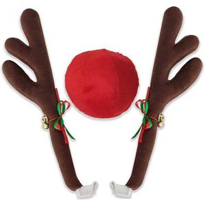 Christmas Reindeer Antlers Car Decoration Kit Plush Rudolf Auto Reindeer and Red Nose Set with Jingle Bells - Best Chrictmas Gift Choice