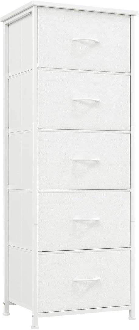Somdot Tall Dresser for Bedroom with 5 Drawers, Storage Organizer Chest of Drawers with Removable Fabric Bins for Closet Bedside Nursery Laundry Living Room Entryway Hallway, White Leather