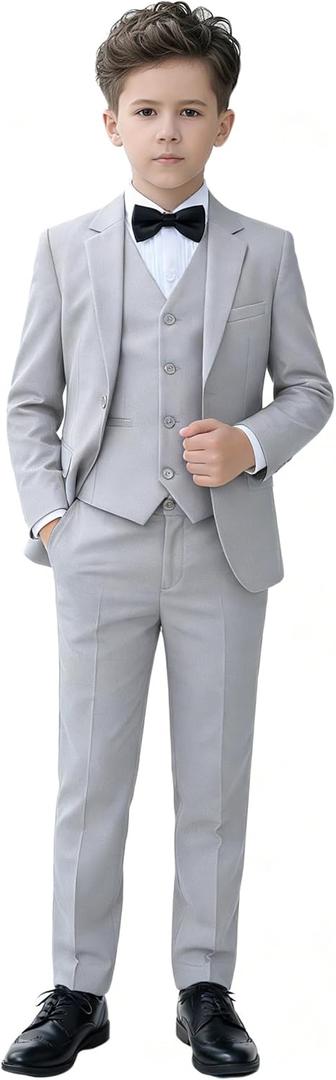 YuanLu Boys Suit for Kids Tuxedo Wedding Ring Bearer Outfit, 5 Piece Boy Slim Fit Formal Suits with Adjustable Waist (3T, Gray)