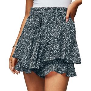 Women's Summer Floral Ruffle Hem Skirt Shorts Elastic High Waist Layered Tiered Boho Mini Skorts Skirts (Small, Black)