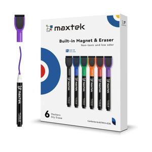 maxtek Dry Erase Markers - 6 Count Colorful Magnetic Dry Erase Markers Fine Tip with Eraser, Low Odor Whiteboard Markers for Calendar Boards
