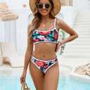 SEAFORM Women Two Piece High Waisted Bikini Set Boho Floral Print Swimsuit Tummy Control Bathing Suits Sexy Vintage Swimwear (Small, Red Flower)