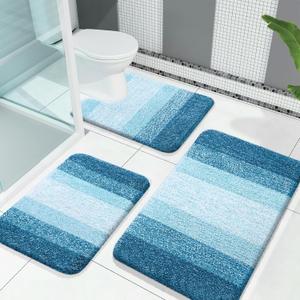 OLANLY Bathroom Rugs Sets 3 Piece, Soft Absorbent Microfiber Bath Mats and U-Shaped Contour Toilet Rug, Plush Shaggy Bath Mat Set for Bathroom (30"x20"+24"x16"+24"x20", Peacock Blue)