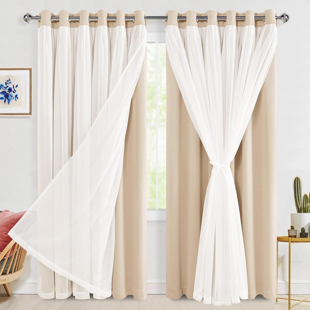 Hiasan Mix & Match Blackout Curtains with Sheer Overlay, Thermal Insulated Privacy Double Layer Room Darkening Window Curtains for Bedroom, Living Room, 2 Panels with Tiebacks, Beige, 70W X 84L