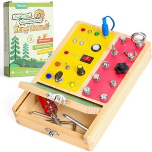 Tilhumt 2-in-1 Busy Board with LED Light, Montessori Screwdriver Board Set with 6 LED Light Switches, Toddler Montessori Switch Fidget Board with Lockable Toolbox, Travel Activity Toys for Kids 3-5