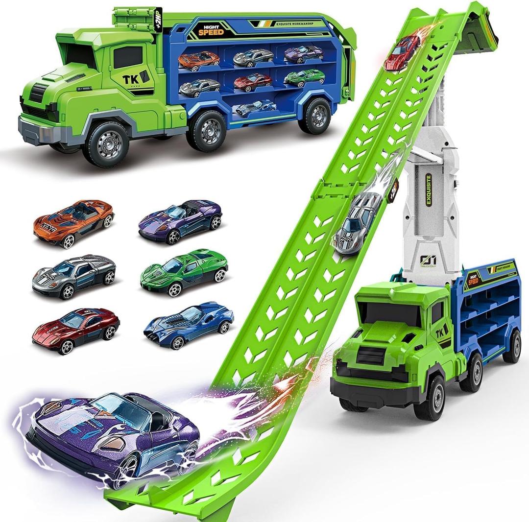 Toddler Car Truck Toys,Car Carrier Truck Toys for Kids Age 3-5 4-8,Foldable Car Track Sets with 2.8-Ft Race Track and 6 Die-Cast Race Cars, Truck Toys Gifts for 3 4 5 6 7 8+ Year Old Boys Girls(Green)