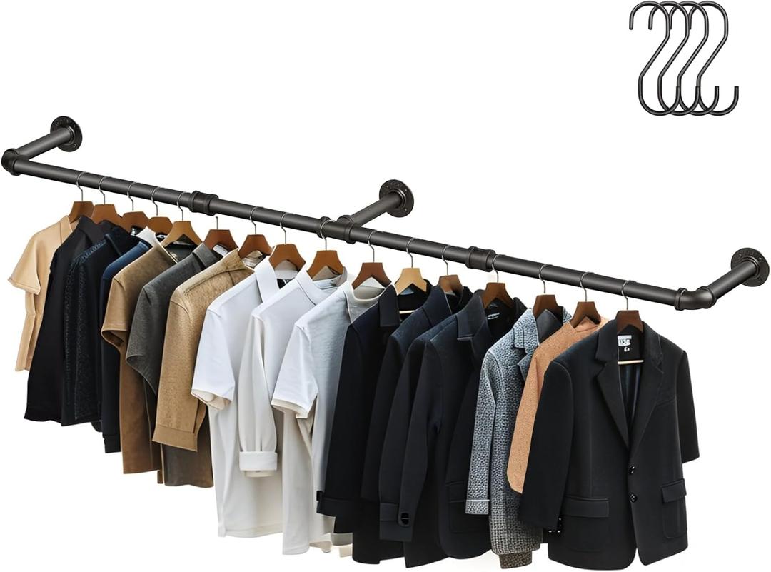 Aduanbang 64.9in Industrial Pipe Wall Mounted Clothes Rack, Heavy Duty Detachable Iron Garment Bar, Rustic Space-Saving Hanging Rod for Bedroom, Closet  Black