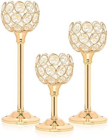 Kehail Crystal Metal Tealight Candlestick, Bling Bowl Candelabras, Tall Crystal Votive Candle Holders Elegant Crystal Candle Centerpiece for Dining Table Wedding Decor (Set of 8, Gold)