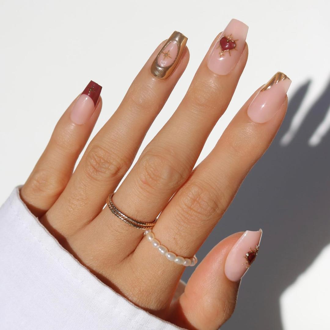 Glamnetic Press On Nails - Queen of Hearts | Medium Coffin Fake Nails with a Sheer Base, 3D Gold Metallic Designs and Deep Red French Tips | 15 Sizes - 30 Nail Kit with Glue