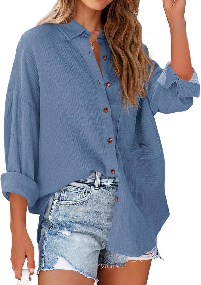 NOLLSOM Casual Shirts for Women Long Sleeve Button Down Blouses Spring 2026 Solid Color Trendy Tops with Pocket (Blue, M)
