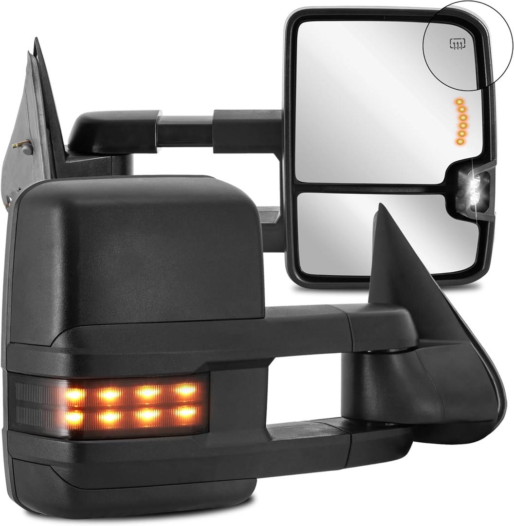 2PCS Black Towing Mirrors Power Heated LED Compatible for 2007-2013 Chevy Silverado Suburban Tahoe Compatible for GMC Sierra 1500 2500 3500 HD Yukon XL w/Spot Light, Clearance Lamp