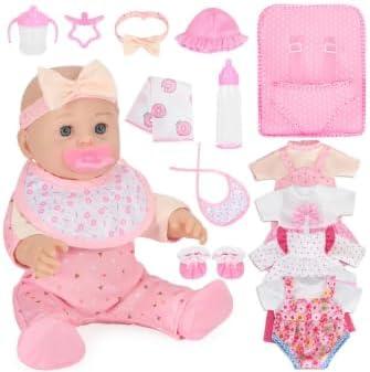 12'' Baby Doll Playset with 4 Outfits Backpack, 12 Inch Realistic Baby Dolls with Clothes Backpack and 2 Bottles Bib Quilt Nipple Socks, Pretend Play Baby Doll Gift for Toddlers Girls Age 3+